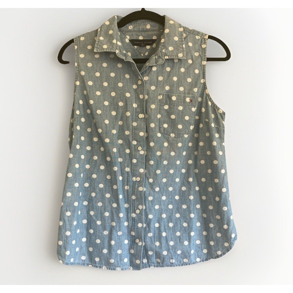 Tommy Hilfiger Women's S Button Up Sleeveless Blue Polka Dot 100% Cotton Top